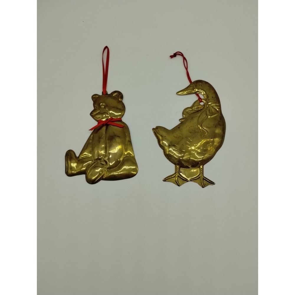 Vintage Department 56 Brass Teddy Bear & Goose Christmas Ornaments Hong Kong
